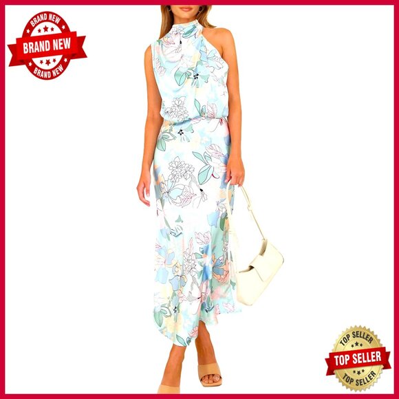 Elegant Satin Maxi Dress Sleeveless Mock Neck Formal Party Wear Chic